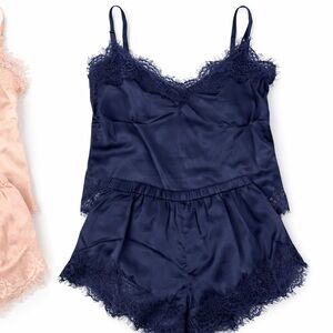 Boohoo Navy Satin Lace Cami & Short Pajama Set | New